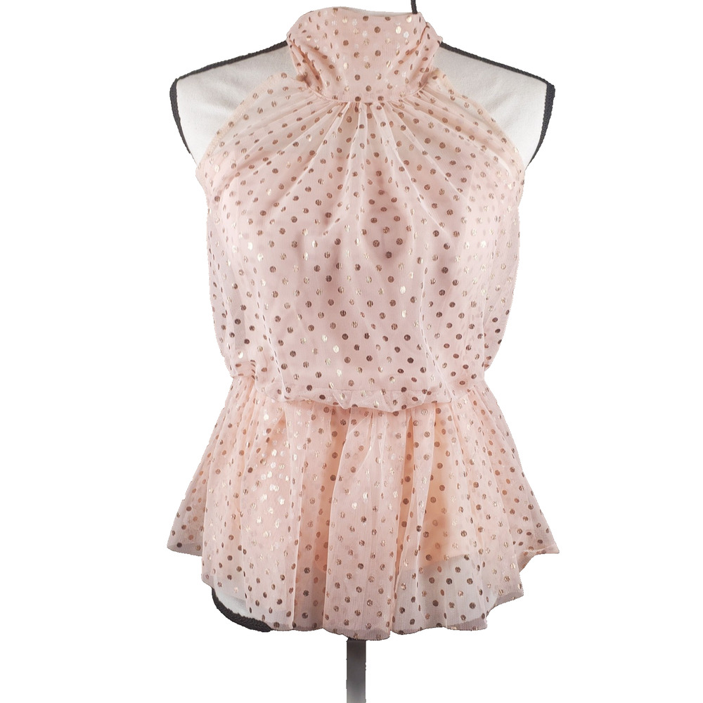 Venus Pink Sheer Mesh Halter Top Rose Gold Polka Dot XS